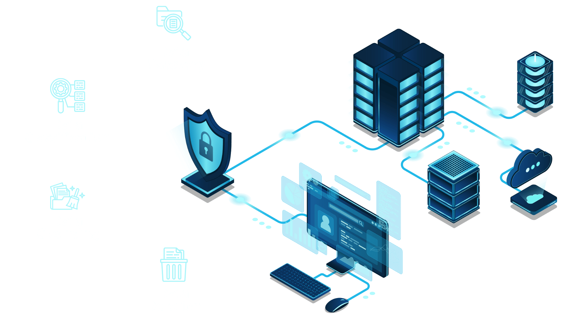 Data security process showing discovery, classification, cleansing, and deletion across servers and cloud. Data security process showing discovery, classification, cleansing, and deletion across servers and cloud.
